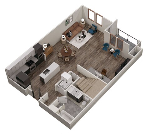 an overhead view of a 3d floor plan of a bedroom and living room